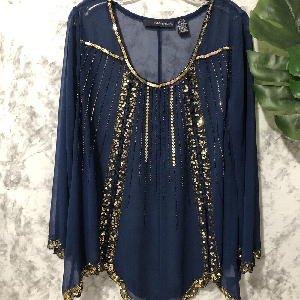 Denim 24/7 Womens Size 12 Blouse Blue Sheer Gold  Sequin Tunic Top